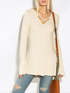 Free People Revolve Beige V Neck Criss Cross Ribbed Knit Slit Tunic Sweater